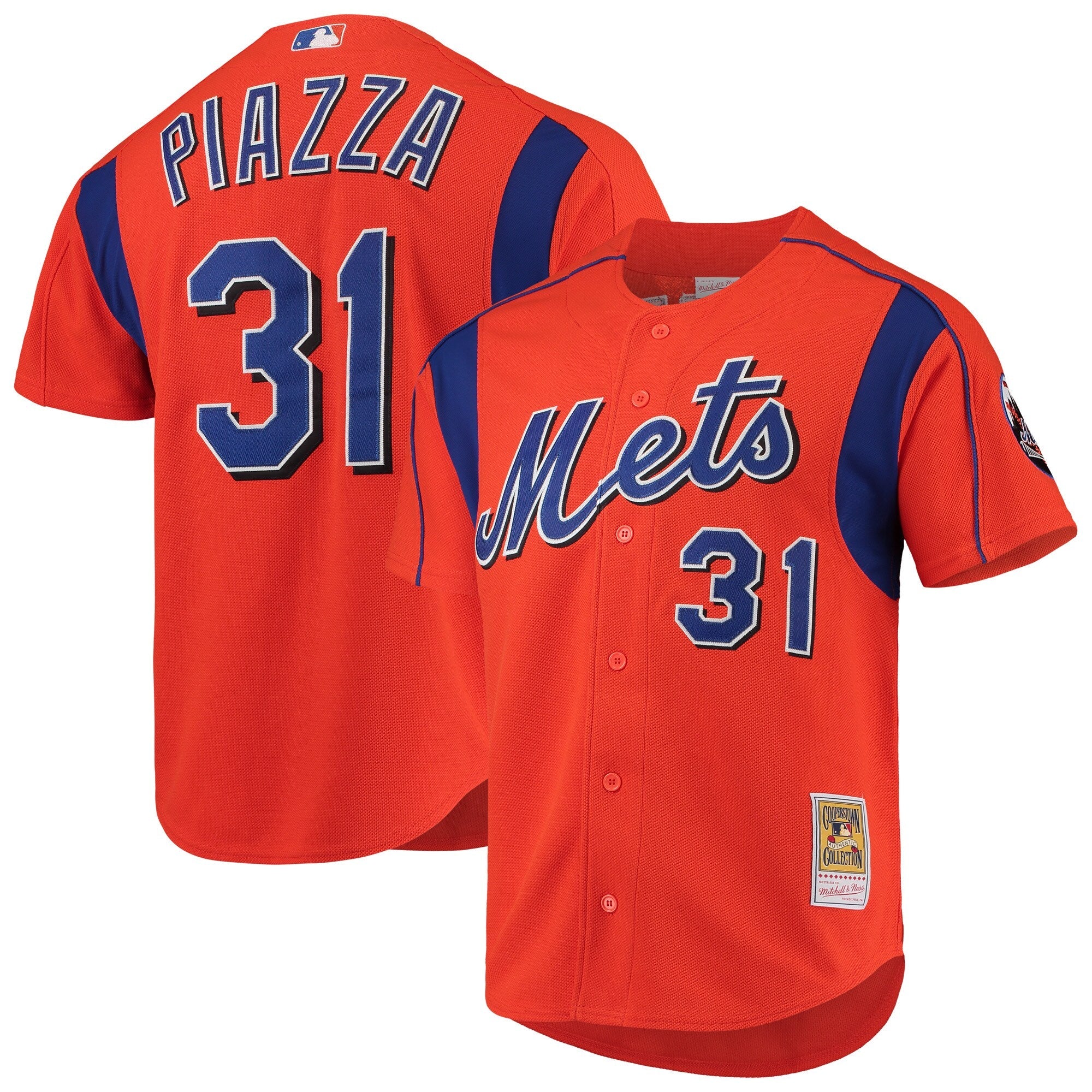 Mike Piazza New York Mets Cooperstown Collection Mesh Batting Practice Button-Up Jersey - Black/Orange/Royal