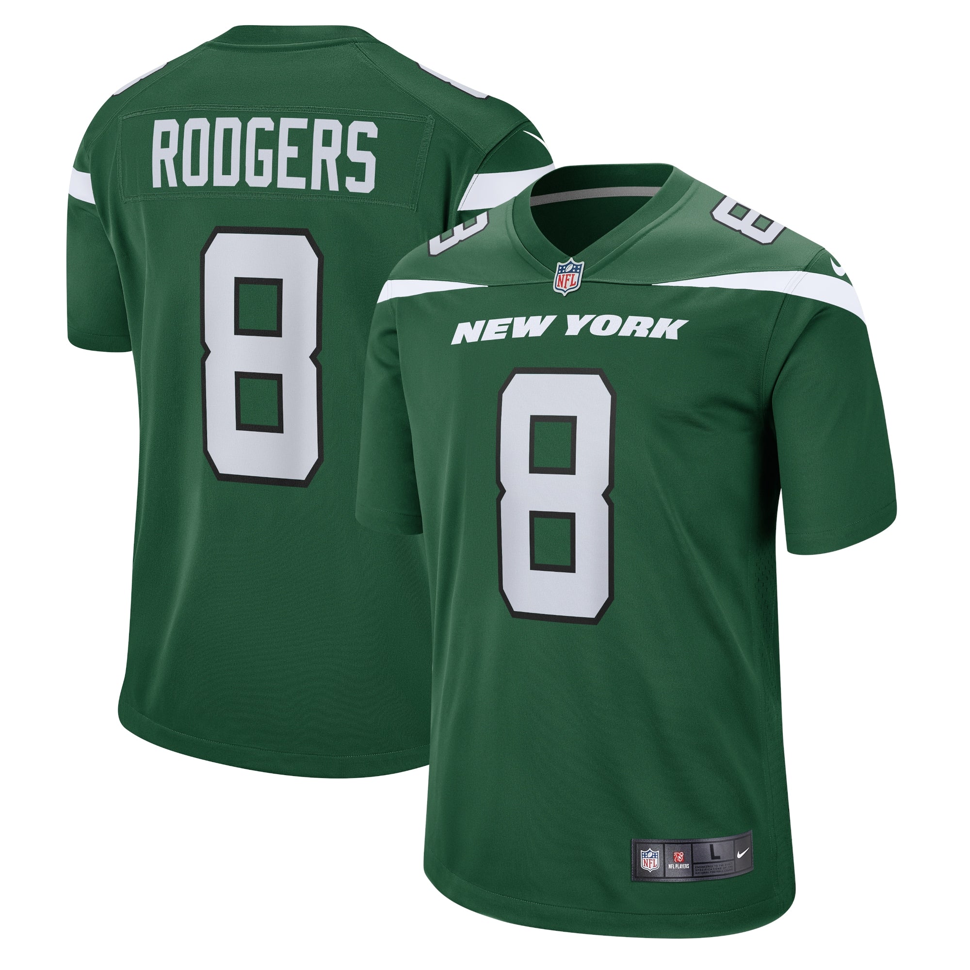 Aaron Rodgers New York Jets Nike Legacy Player Game Jersey - White/Black/Green