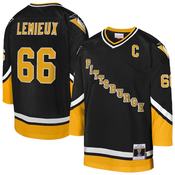 Mario Lemieux Pittsburgh Penguins  Youth 1992/93 Captain Patch Blue Line Player Jersey - Gold