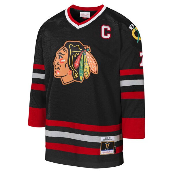 Chris Chelios Chicago Blackhawks Youth 1997-98 Blue Line Captain Patch Player Jersey - Black